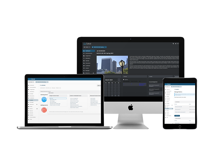macbook, imac, and ipad with sakai screenshots on each screen