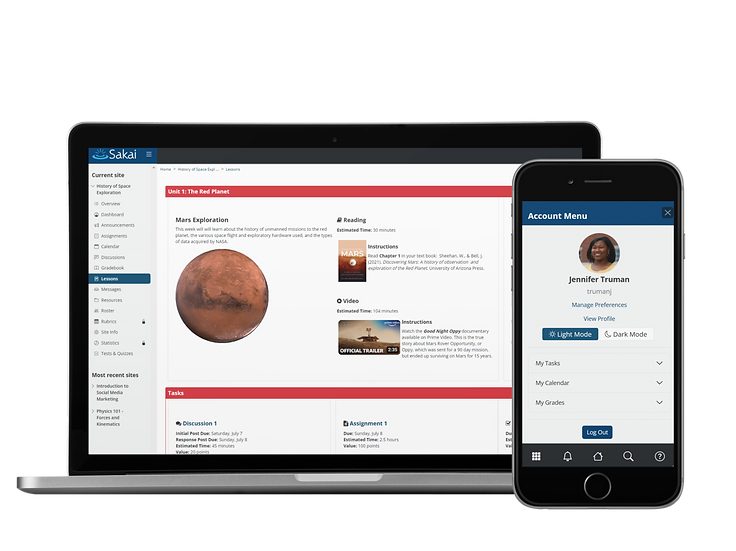 macbook with screenshot of Sakai Course Overview page and student account menu viewed on iphone